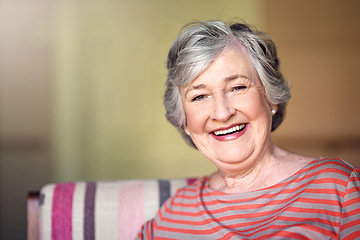 Image showing Portrait, living room and happy senior woman to relax in nursing home or smile in house or retirement. Elderly lady, happiness and healthy person laughing at funny, joke or freedom of retired life