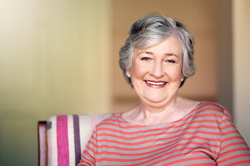 Image showing Home, relax and portrait of a senior woman with a smile for retirement and old people happiness. Happy, relaxing and an elderly lady in a chair in the living room with confidence and comfort