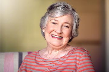 Image showing Portrait, nursing home and happy senior woman in living room, laughing in house or relax in retirement. Elderly lady, happiness and healthy person smile for funny, joke or freedom of retired life