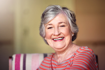 Image showing Portrait, nursing home and happy senior woman in living room, laughing in house or relax in retirement. Elderly lady, happiness and healthy person laughing at funny, joke or freedom of retired life