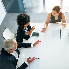 Image showing People in business meeting, collaboration and planning top view, project management and paperwork. Teamwork, man and women in strategy discussion with market research and mission in conference room