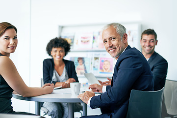 Image showing Business people at pitch meeting, portrait and planning for new magazine and teamwork at media agency. Communication, collaboration with man and women talk about publication and editorial mission