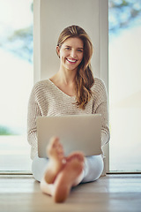 Image showing Remote work, laptop and portrait of woman on floor in home working on project. Computer, freelancer and happy face of person typing, writing blog for social media or email, internet and web research