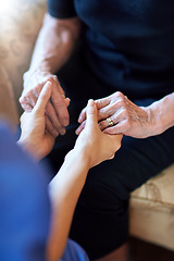 Image showing Holding hands, senior person and nurse in support, healthcare service and medical hope, helping or empathy. Professional, nursing and retirement of elderly patient, people or doctor for together sign