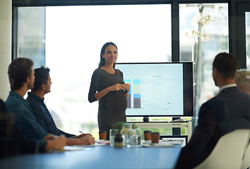 Image showing Pregnant, business woman meeting and conference presentation at a teamwork workshop with speech. Manager, female speaker pregnancy and company learning with staff and boss with graph strategy