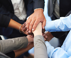 Image showing Business people, group and hands stack with motivation, teamwork and support for company goals in office. Men, women and solidarity for team building, achievement and celebration at insurance agency