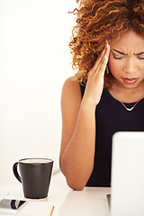 Image showing Sad, headache and woman with a laptop email isolated on a white background in a studio. Frustrated, tired and a social media manager with migraine pain from a mental health problem or work mistake