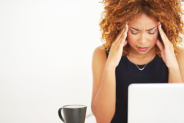 Image showing Stress, headache and woman with a laptop email isolated on a white background in a studio. Frustrated, space and a social media manager with migraine pain from a mental health problem or work mistake