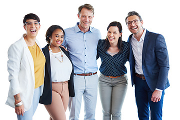 Image showing Portrait, group and staff hug, business and happiness with confidence, collaboration and journalist. Face, coworkers or editorial team embrace, cooperation and smile with teamwork, formal or cheerful