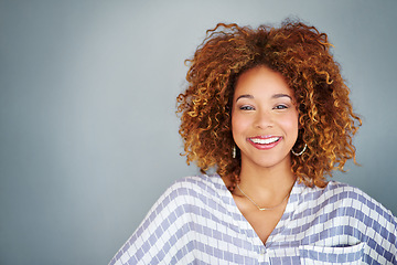 Image showing Professional woman, smile in portrait and career mindset with entrepreneur isolated on studio background. Mockup space, female person is happy and confident, entrepreneurship and business mission