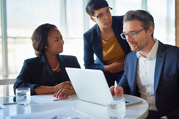 Image showing Business, meeting and people in conversation or working in corporate, legal discussion or mature lawyer in partnership. Together, team and collaboration on computer or planning and management