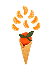 Image showing Surreal Ice Cream Cone Tangerine Fruit Fun Food Concept