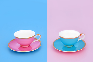 Image showing Tea for Two in Pink and Blue Porcelain Tea Cups