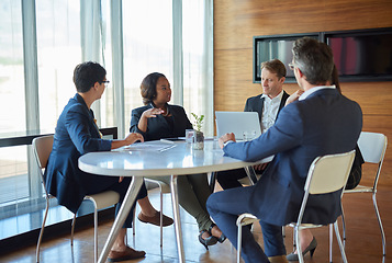 Image showing Business, meeting and discussion with teamwork or strategy at company for success with project. Professional, group and conversation on conference room for brainstorming for a partnership at office.