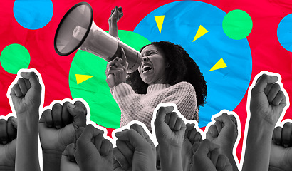 Image showing Megaphone, protest and woman voice isolated on red background for human rights, strong opinion or broadcast. Speech, fist and gen z people for power, call to action or change on digital scrapbook art