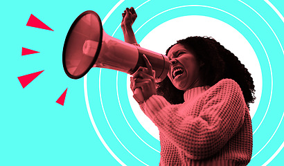 Image showing Megaphone, protest and woman fist isolated on blue background for human rights, strong opinion or broadcast. Speech, noise and african person with power, call to action and red warning on digital art