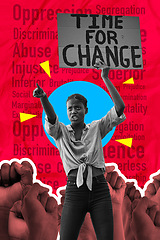 Image showing Poster, protest and woman with time for change sign isolated on a red background for human rights, racism or abuse. Speech, power and fist of african people pointing to government on red collage art