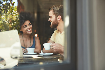 Image showing Cafe window, tea and happy people, couple of friends or customer talking, speaking and enjoy romantic date. Coffee shop conversation, communication and diversity man and woman chatting in restaurant