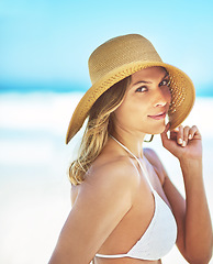 Image showing Happy, space and portrait of woman at beach for summer vacation, tropical and travel mockup. Wellness, nature and holiday with face of female tourist and hat at seaside for sunbathing and paradise