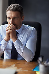 Image showing Professional man, anxiety and business fail with trader at desk worried and stress about stock market crash. Businessman thinking of career mistake, financial crisis with debt problem and bankruptcy