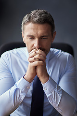 Image showing Professional man, stress and business fail, trader worried with anxiety about stock market crash at office. Businessman thinking of career mistake, financial crisis with debt problem and bankruptcy