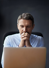 Image showing Man, stress and anxiety with career fail, trader worried about stock market crash and laptop glitch. Businessman thinking of business mistake, financial crisis and debt, fintech 404 and bankruptcy