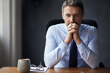 Image showing Man in office, stress and business fail with trader at desk worried and anxiety about stock market crash. Businessman thinking of career mistake, financial crisis with debt problem and bankruptcy