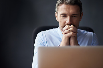 Image showing Man, stress and anxiety about business fail, trader worried about stock market crash and laptop glitch. Businessman thinking of career mistake, financial crisis and debt, fintech 404 and bankruptcy