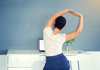 Image showing Woman, work and stretching at desk in office, business workplace or working from home at computer table. Stretch, arm and hands of businesswoman or focus on posture, back pain and stress management