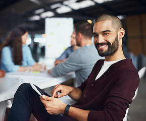 Image showing Man, portrait and working on tablet in office meeting for internship, job opportunity and boardroom planning. Businessman, happy and modern technology for company, workplace and business workshop