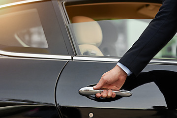 Image showing Businessman, hands and chauffeur driver by car door for travel accommodation or commute in the city. Hand of male person on vehicle handle in professional transport service, business class or pick up