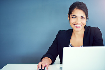 Image showing Success, smile and portrait of businesswoman working on a laptop by wall with mockup space. Happiness, confidence and professional female human resources manager doing research in office with mock up