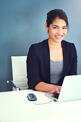 Image showing Smile, laptop and portrait of businesswoman in office for HR work by wall with mockup space. Happy, computer and professional female human resources manager doing research in workplace with mock up.