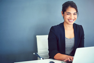 Image showing Confidence, happy and portrait of a businesswoman working on a laptop by wall with mockup space. Happiness, smile and professional female human resources manager doing research in office with mock up