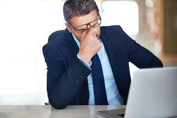 Image showing Employee, stress and man with a headache, laptop and anxiety with error, burnout or overworked. Male person, consultant or tired agent with a pc, migraine or internet issue with depression or fatigue