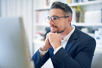 Image showing Business, focus and man with a computer, email and search internet for website information, solution and online reading. Male person, ceo and employee with a pc, concentration and digital planning