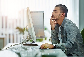 Image showing Business, thinking and man with a computer, entrepreneur or deadline with a project, problem solving or online reading. Male person, employee or consultant with a pc, ideas or confused with decision