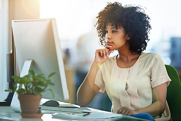 Image showing Thinking, computer and woman employee reading information or email online, internet or web in an office. Young, desk and person or receptionist contemplating a project in an agency or startup