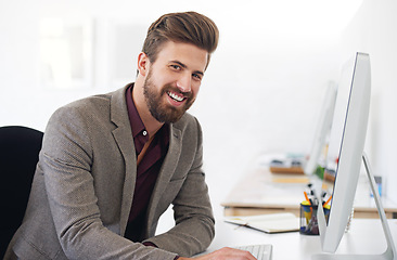 Image showing Smile, portrait and business man, accountant or auditor in company office. Face, entrepreneur and accounting professional from Canada with pride for career, corporate job and success mindset at work.