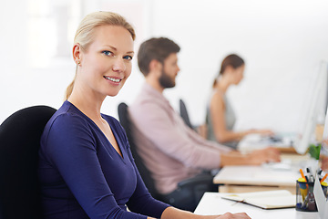 Image showing Happy, portrait and woman, creative designer and employee in startup company office. Face, entrepreneur and design professional with pride for career, job and business success mindset for coworking.