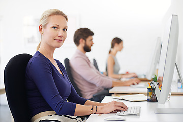 Image showing Portrait, business and woman, creative designer and employee in startup company on computer. Face, entrepreneur or design professional with pride for career, job or success mindset for coworking.