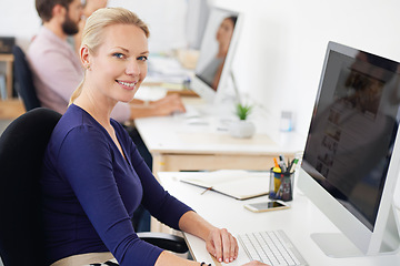 Image showing Smile, portrait and woman, creative designer or employee in startup on computer. Face, entrepreneur and web design professional with pride for business career, job or success mindset for coworking.