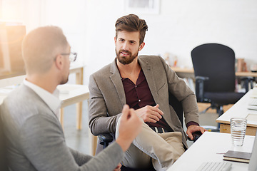 Image showing Business, men and staff in a meeting, consultation and ideas with planning, project and explain system. Male people, coworkers and friends brainstorming, consultant and negotiation with partnership