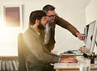 Image showing Creative businessman, teamwork and coaching intern on computer in web design, UX or UI at the office. Man designer training staff or student on PC for team support, help or startup at the workplace