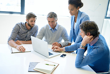 Image showing Business people, strategy and computer with discussion and planning with online seo analytics. Laptop, meeting and group working on problem solving with teamwork and collaboration for web project