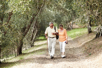 Image showing Hiking, fitness and senior couple in forest walking for retirement exercise, wellness support and path in nature. Elderly people in woods for cardio, travel and carbon footprint journey or trekking