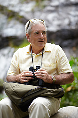 Image showing Binoculars, thinking and man in forest or mountains for travel, journey or outdoor adventure and carbon footprint tourism. Senior person with birdwatching experience, search nature or eco environment