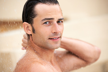 Image showing Man, shower and water drop in portrait, bathroom and hygiene with self care, morning and skin routine in home. Young guy, body cleaning and healthy for skincare, wellness and cosmetics in apartment