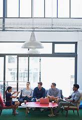 Image showing Business, group and staff in a meeting, talking and collaboration with partnership, teamwork and creativity. Team, men or women share ideas, discussion or planning with conversation and modern office