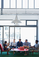 Image showing Startup, business people and group in a meeting, planning or collaboration with creativity, share ideas or goals. Staff, team or men with women, partnership or brainstorming for a project or teamwork